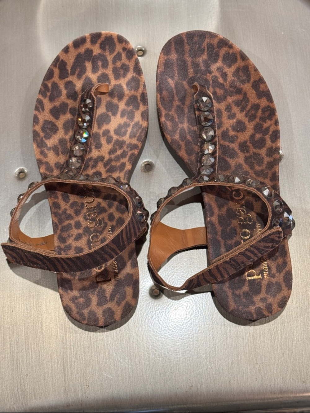 Pedro Garcia Leopard Print Jeweled T-Strap Sandals - Brown